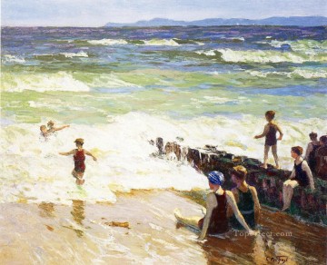 印象派のビーチで海水浴する人たち エドワード・ヘンリー・ポットハスト Oil Paintings